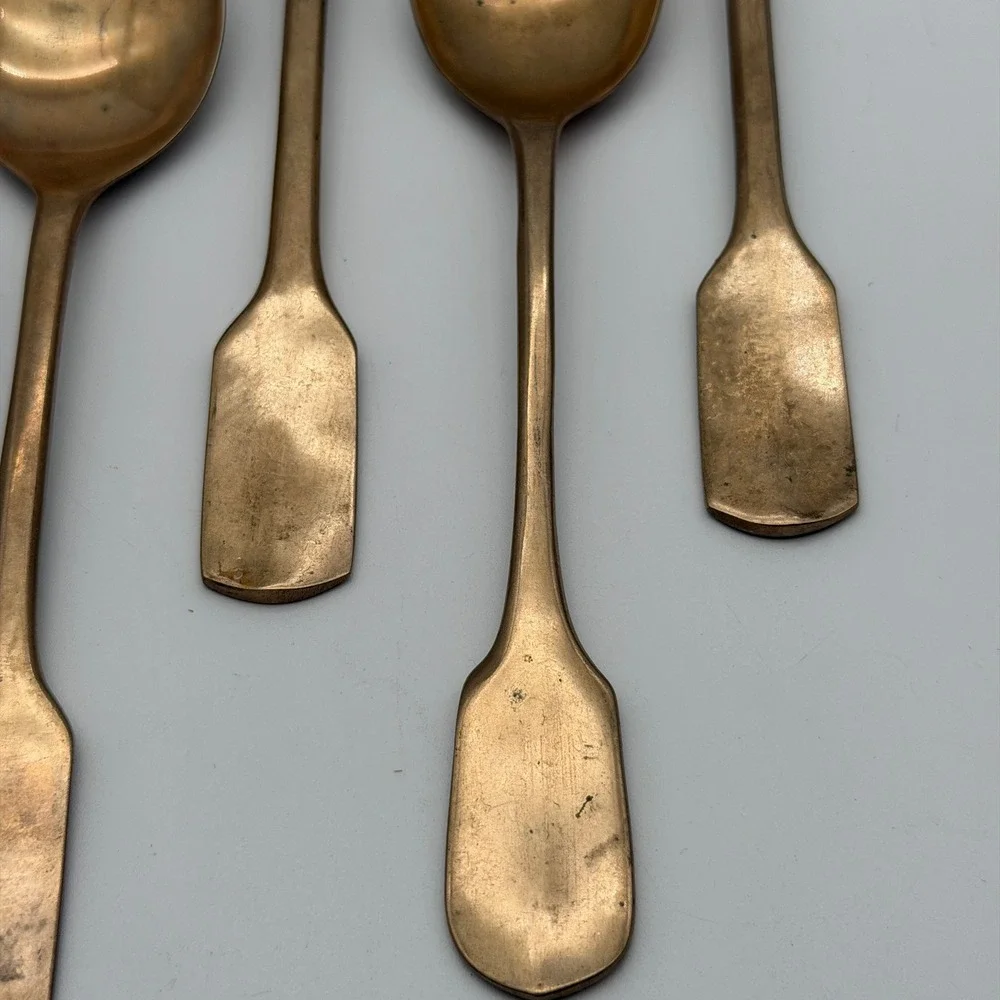 Vintage Bronze Brass Spoons Set of 5 Mid Century Modern Fiddle Handle Gold Tone